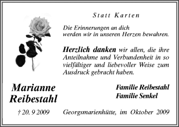 Traueranzeige von Marianne Reibestahl von Neue Osnabrücker Zeitung GmbH & Co. KG