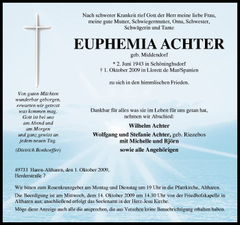 Traueranzeige von Euphemia Achter von Neue Osnabrücker Zeitung GmbH & Co. KG