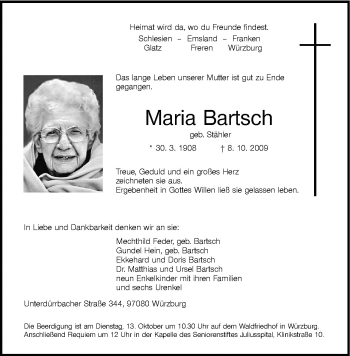 Traueranzeige von Maria Bartsch von Neue Osnabrücker Zeitung GmbH & Co. KG