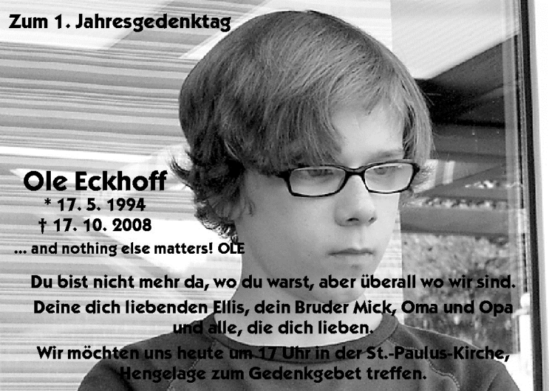  Traueranzeige für Ole Eckhoff vom 17.10.2009 aus Neue Osnabrücker Zeitung GmbH & Co. KG