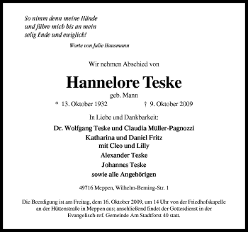 Traueranzeige von Hannelore Teske von Neue Osnabrücker Zeitung GmbH & Co. KG