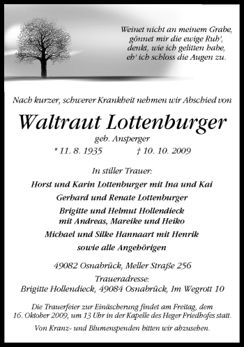Traueranzeige von Waltraut Lottenburger von Neue Osnabrücker Zeitung GmbH & Co. KG