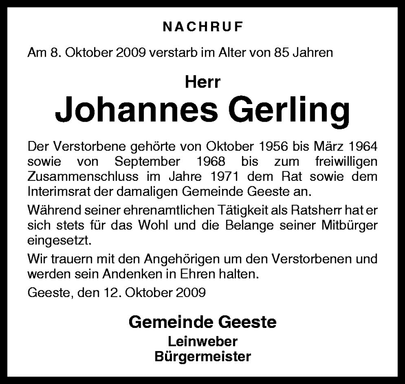 Traueranzeigen von Johannes Gerling | noz Trauerportal