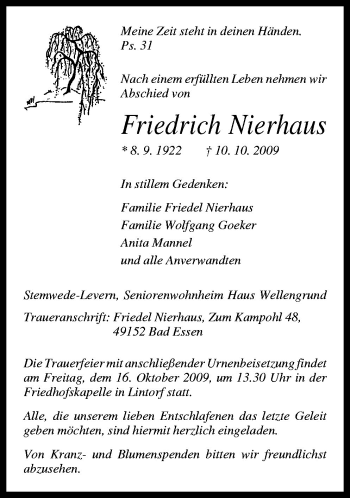 Traueranzeige von Friedrich Nierhaus von Neue Osnabrücker Zeitung GmbH & Co. KG