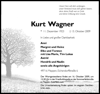 Traueranzeige von Kurt Wagner von Neue Osnabrücker Zeitung GmbH & Co. KG