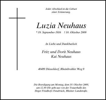 Traueranzeige von Luzia Neuhaus von Neue Osnabrücker Zeitung GmbH & Co. KG