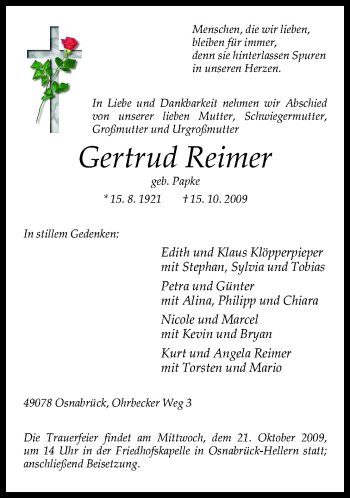 Traueranzeige von Gertrud Reimer von Neue Osnabrücker Zeitung GmbH & Co. KG