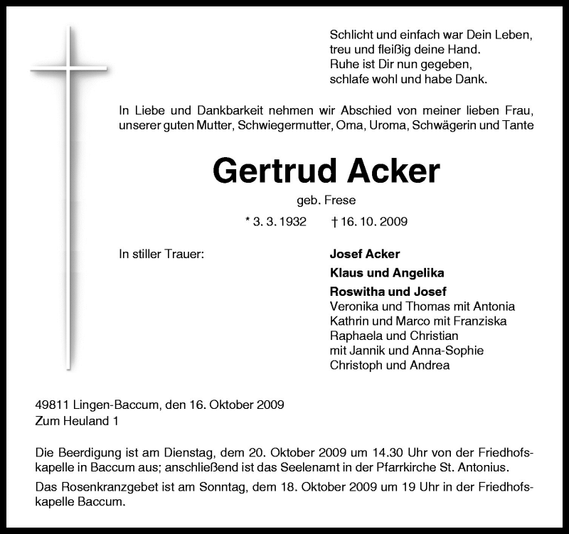  Traueranzeige für Gertrud Acker vom 17.10.2009 aus Neue Osnabrücker Zeitung GmbH & Co. KG