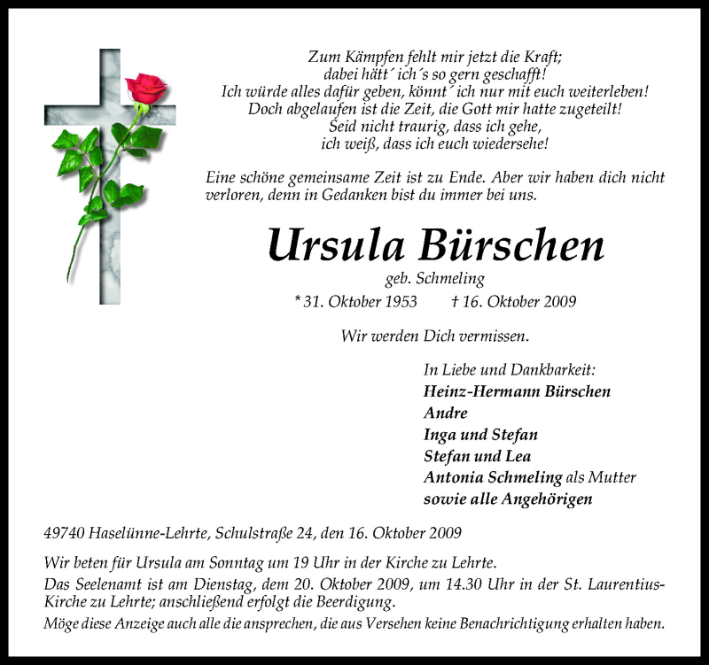  Traueranzeige für Ursula Bürschen vom 17.10.2009 aus Neue Osnabrücker Zeitung GmbH & Co. KG