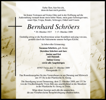 Traueranzeige von Bernahrd Schröers von Neue Osnabrücker Zeitung GmbH & Co. KG