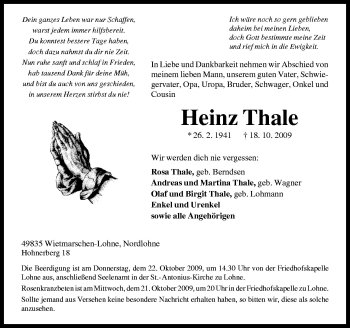 Traueranzeige von Heinz Thale von Neue Osnabrücker Zeitung GmbH & Co. KG