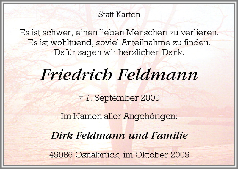  Traueranzeige für Friedrich Feldmann vom 24.10.2009 aus Neue Osnabrücker Zeitung GmbH & Co. KG