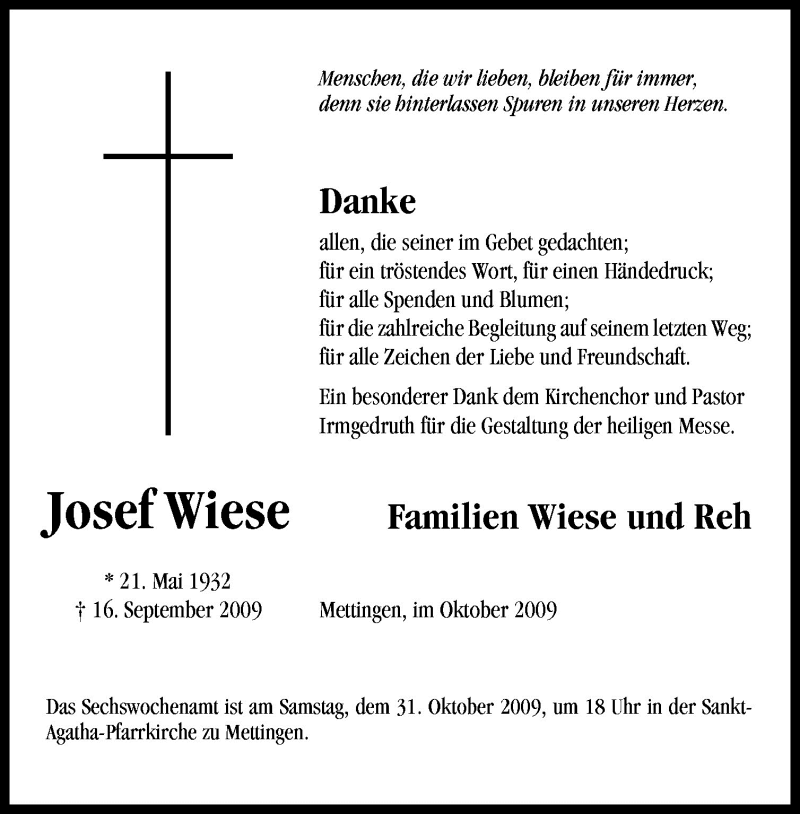  Traueranzeige für Josef Wiese vom 24.10.2009 aus Neue Osnabrücker Zeitung GmbH & Co. KG