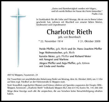 Traueranzeige von Charlotte Rieth von Neue Osnabrücker Zeitung GmbH & Co. KG