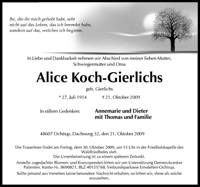  Traueranzeige für Wilhelm Koch vom 28.10.2009 aus Neue Osnabrücker Zeitung GmbH & Co. KG