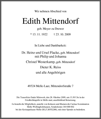 Traueranzeige von Edith Mittendorf von Neue Osnabrücker Zeitung GmbH & Co. KG