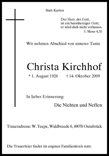 Traueranzeige von Christa Kirchhof von Neue Osnabrücker Zeitung GmbH & Co. KG