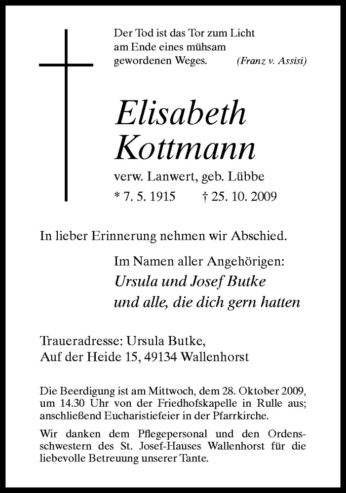  Traueranzeige für Elisabeth Kottmann vom 27.10.2009 aus Neue Osnabrücker Zeitung GmbH & Co. KG