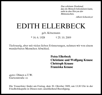 Traueranzeige von Edith Ellerbeck von Neue Osnabrücker Zeitung GmbH & Co. KG