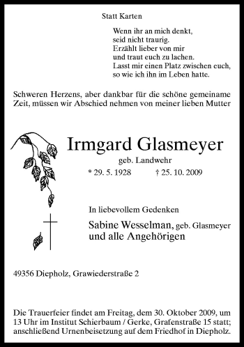 Traueranzeige von Irmgard Glasmeyer von Neue Osnabrücker Zeitung GmbH & Co. KG