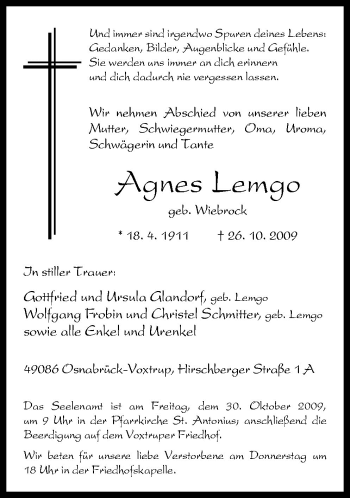 Traueranzeige von Agnes Lemgo von Neue Osnabrücker Zeitung GmbH & Co. KG
