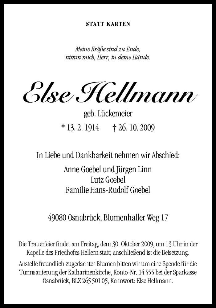  Traueranzeige für Else Hellmann vom 29.10.2009 aus Neue Osnabrücker Zeitung GmbH & Co. KG