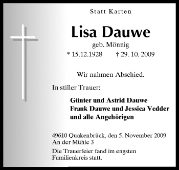 Traueranzeige von Lisa Dauwe von Neue Osnabrücker Zeitung GmbH & Co. KG