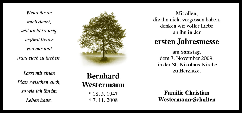  Traueranzeige für Bernhard Westermann vom 05.11.2009 aus Neue Osnabrücker Zeitung GmbH & Co. KG