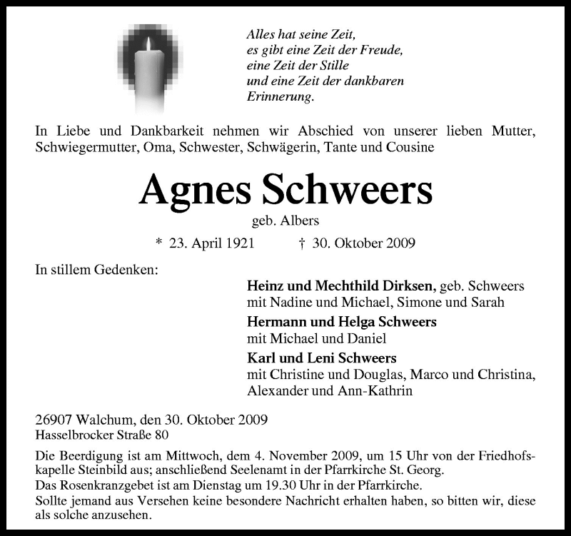  Traueranzeige für Agnes Schweers vom 02.11.2009 aus Neue Osnabrücker Zeitung GmbH & Co. KG