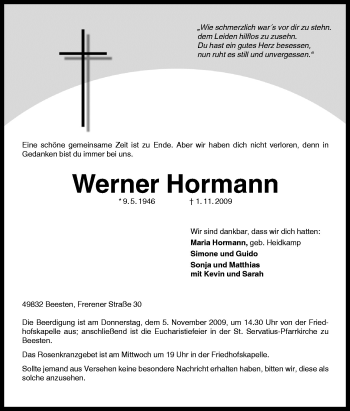 Traueranzeige von Werner Hormann von Neue Osnabrücker Zeitung GmbH & Co. KG