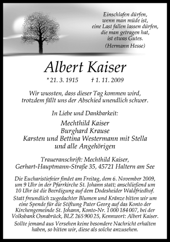 Traueranzeige von Albert Kaiser von Neue Osnabrücker Zeitung GmbH & Co. KG