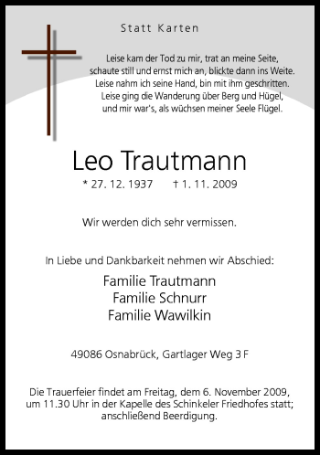 Traueranzeige von Leo Trautmann von Neue Osnabrücker Zeitung GmbH & Co. KG