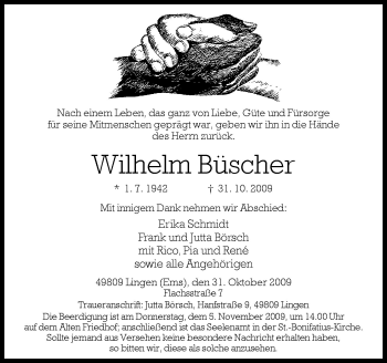 Traueranzeige von Wilhelm Büscher von Neue Osnabrücker Zeitung GmbH & Co. KG