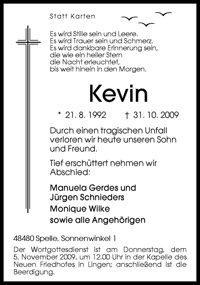  Traueranzeige für Kevin Gerdes vom 03.11.2009 aus Neue Osnabrücker Zeitung GmbH & Co. KG