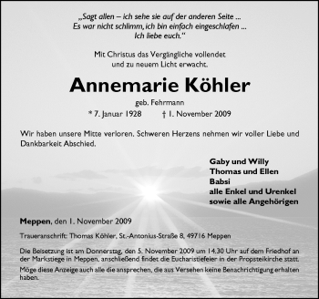 Traueranzeige von Annemarie Köhler von Neue Osnabrücker Zeitung GmbH & Co. KG