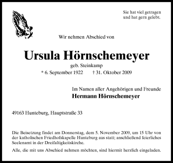 Traueranzeige von Ursula Hörnschemeyer von Neue Osnabrücker Zeitung GmbH & Co. KG