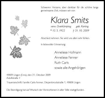 Traueranzeige von Klara Smits von Neue Osnabrücker Zeitung GmbH & Co. KG