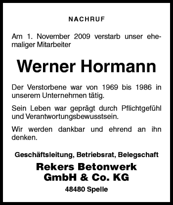 Traueranzeige von Werner Hormann von Neue Osnabrücker Zeitung GmbH & Co. KG