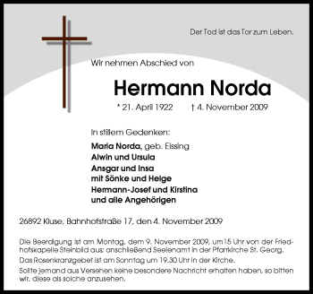 Traueranzeige von Hermann Norda von Neue Osnabrücker Zeitung GmbH & Co. KG