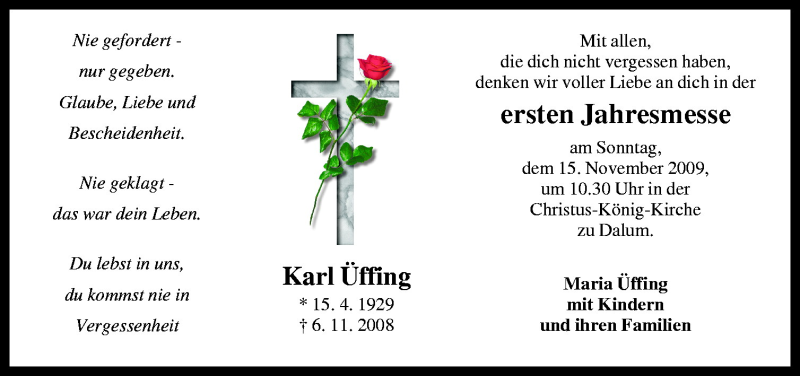  Traueranzeige für Karl Üffing vom 11.11.2009 aus Neue Osnabrücker Zeitung GmbH & Co. KG