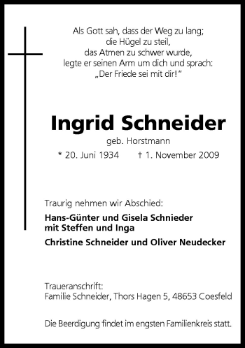 Traueranzeige von Ingrid Schneider von Neue Osnabrücker Zeitung GmbH & Co. KG