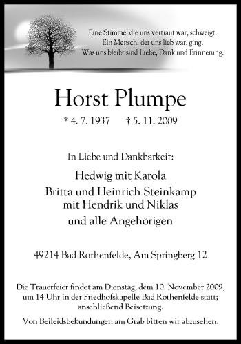 Traueranzeige von Horst Plumpe von Neue Osnabrücker Zeitung GmbH & Co. KG