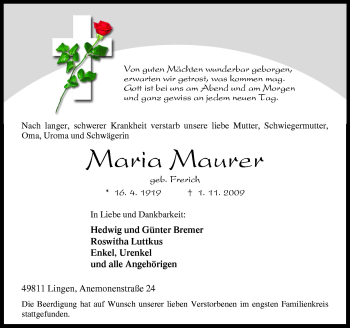 Traueranzeige von Maria Maurer von Neue Osnabrücker Zeitung GmbH & Co. KG