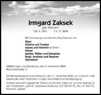 Traueranzeige von Irmgard Zaksek von Neue Osnabrücker Zeitung GmbH & Co. KG