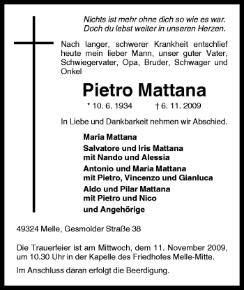 Traueranzeige von Pietro Mattana von Neue Osnabrücker Zeitung GmbH & Co. KG