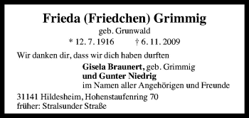 Traueranzeige von Frieda Grimmig von Neue Osnabrücker Zeitung GmbH & Co. KG