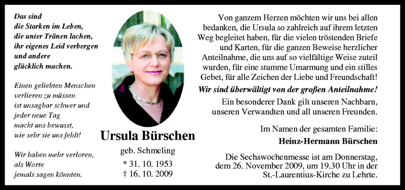  Traueranzeige für Ursula Bürschen vom 21.11.2009 aus Neue Osnabrücker Zeitung GmbH & Co. KG