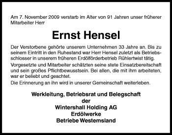 Traueranzeige von Ernst Hensel von Neue Osnabrücker Zeitung GmbH & Co. KG