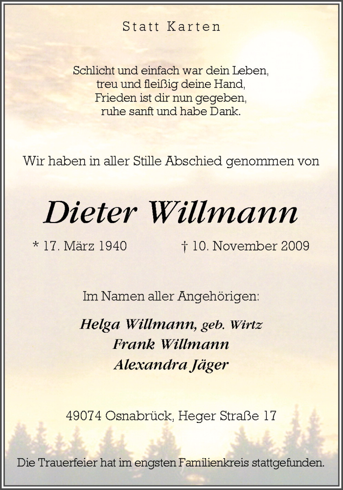  Traueranzeige für Dieter Willmann vom 14.11.2009 aus Neue Osnabrücker Zeitung GmbH & Co. KG