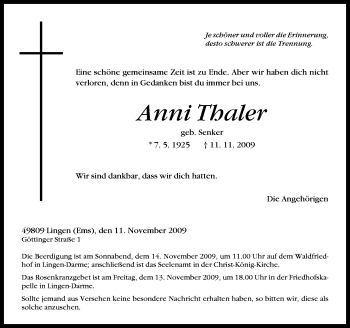 Traueranzeige von Anni Thaler von Neue Osnabrücker Zeitung GmbH & Co. KG